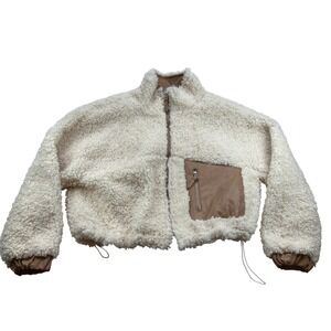BLANKNYC Cream Fuzzy Sherpa Cropped Jacket with Faux Leather Accents Size Small